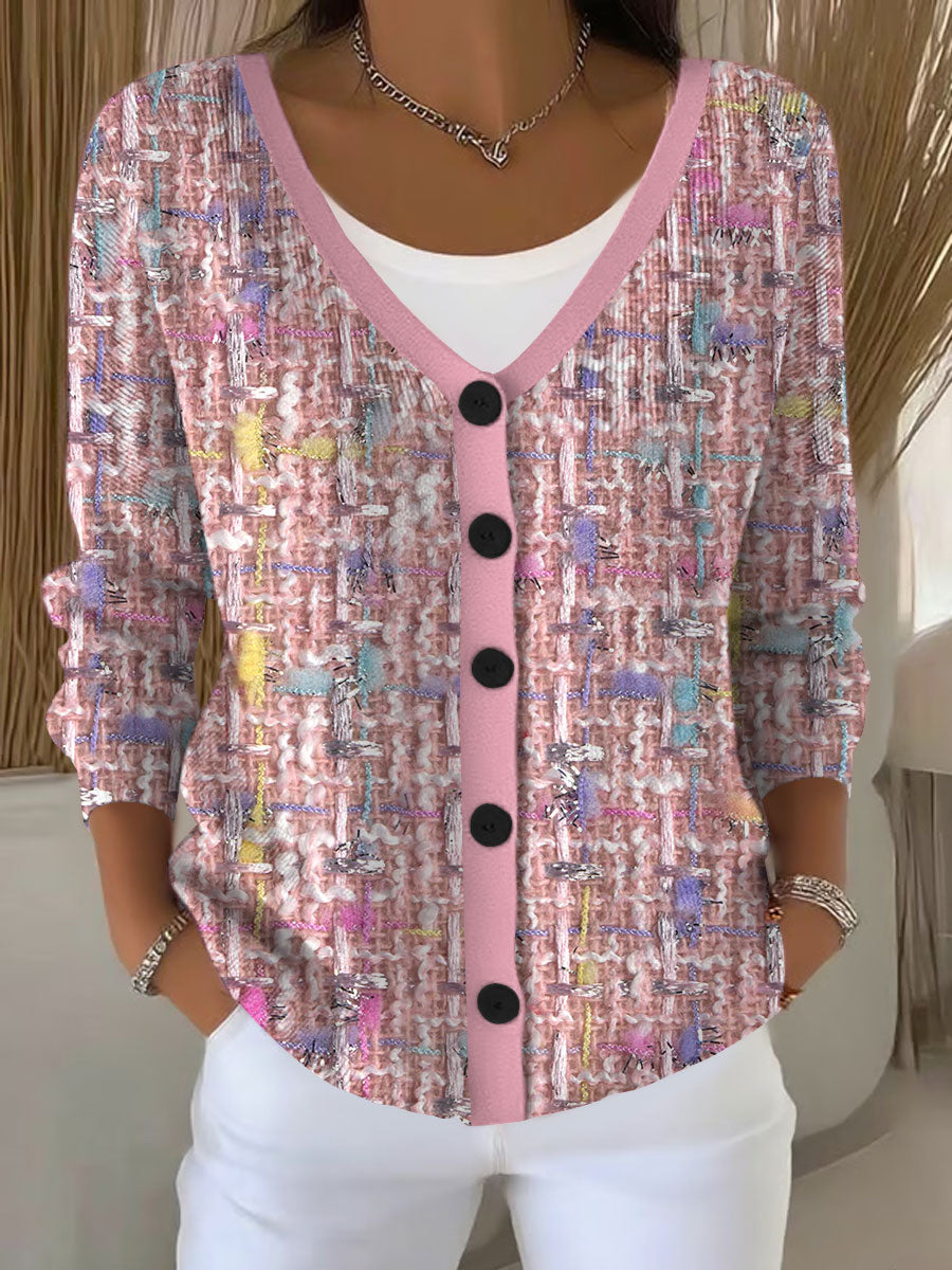 Women's Pink Plaid Print Casual Cardigan