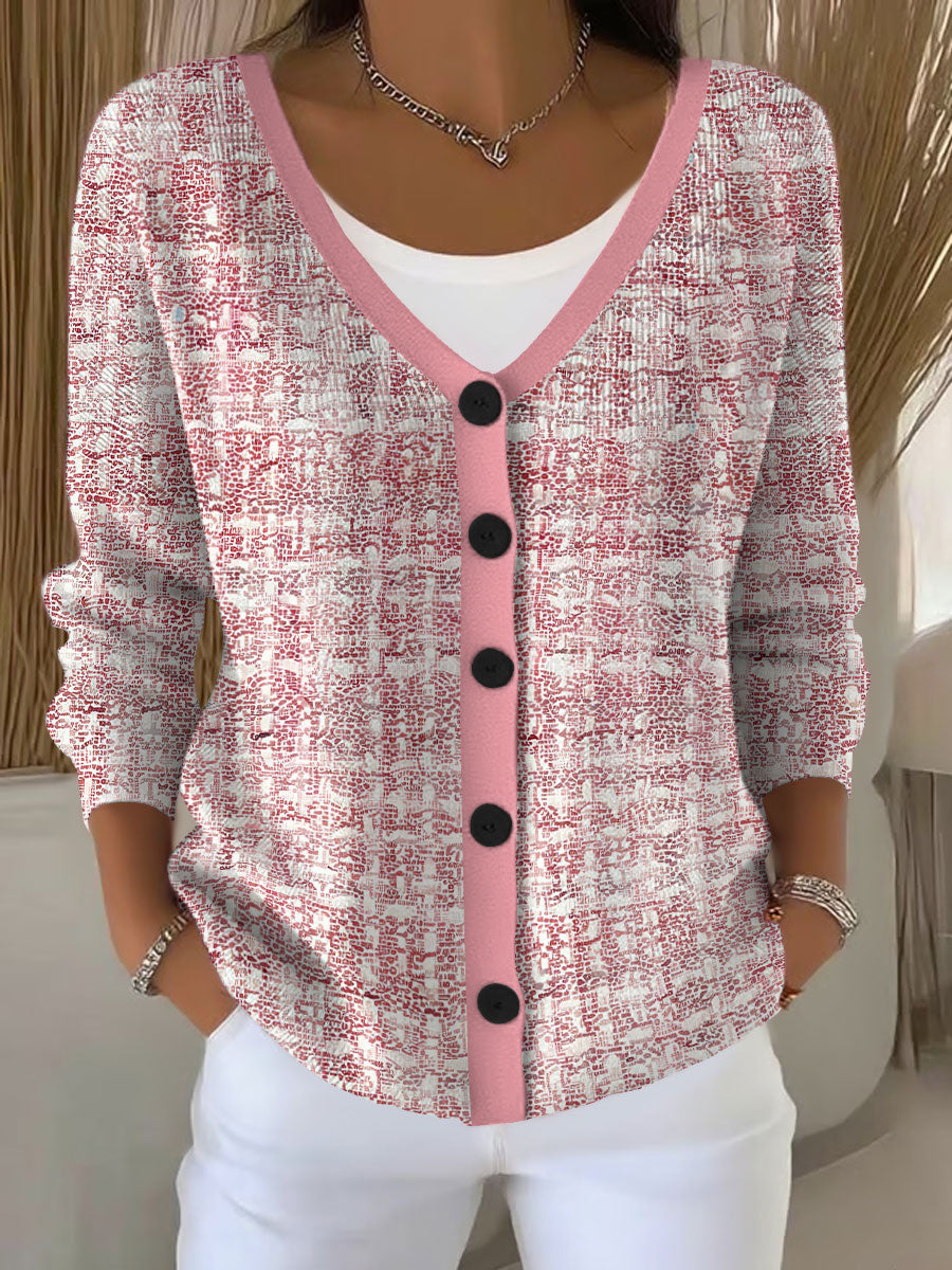Women's Pink Plaid Print Casual Cardigan