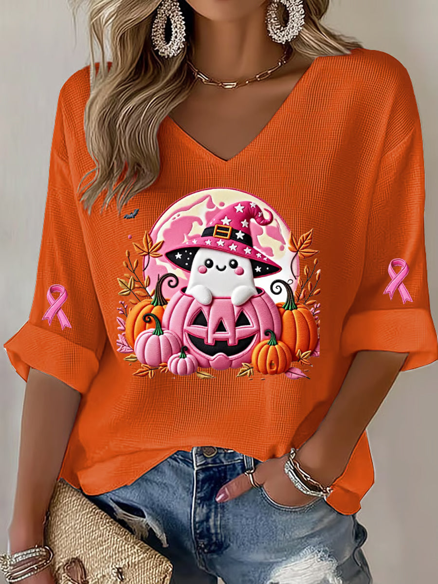 Women's Breast Cancer Pink Ribbon Pumpkin Ghost Waffle Print Casual T-Shirt