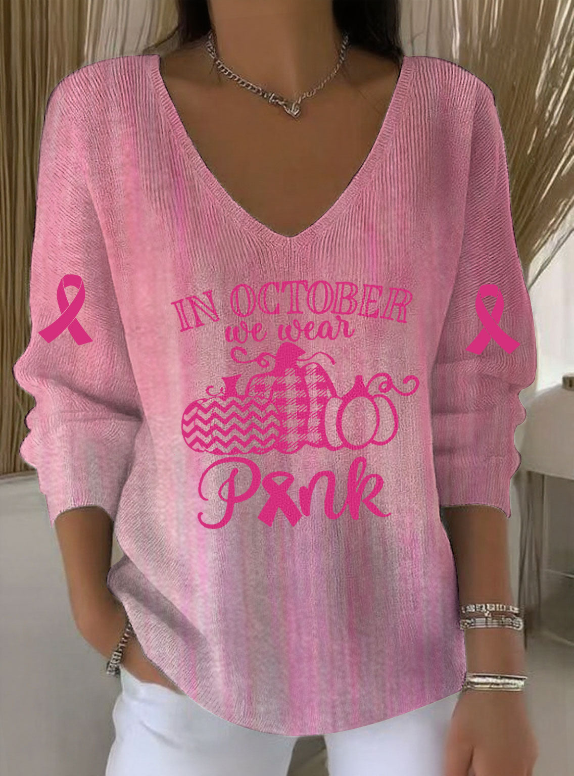 Women's Breast Cancer In October We Wear Pink Printed Casual Top