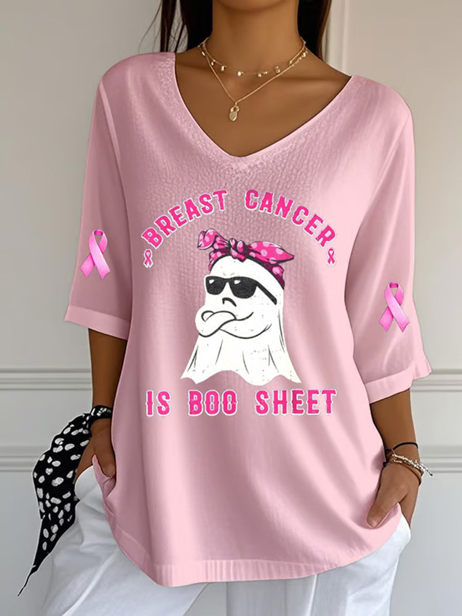 Women's Breast Cancer Pink Ribbon Ghost Print V-Neck Half-Sleeve T-Shirt