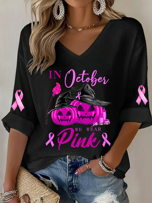 Women's Breast Cancer Pink Ribbon Pumpkin Witch Waffle Print Casual T-Shirt