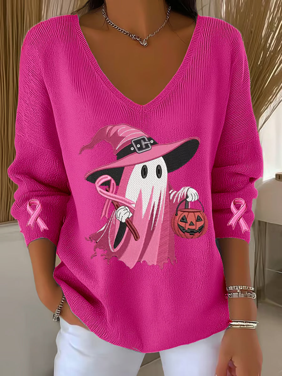 Women's Breast Cancer Pink Ribbon Ghost Pumpkin V-Neck Ribbed Top