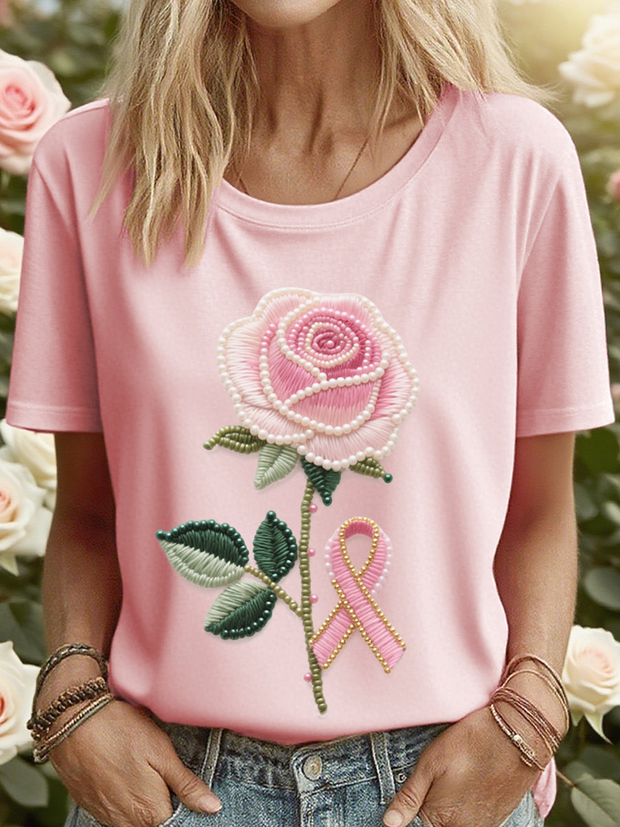 Women's Pink Rose Ribbon Embroidered T-Shirt