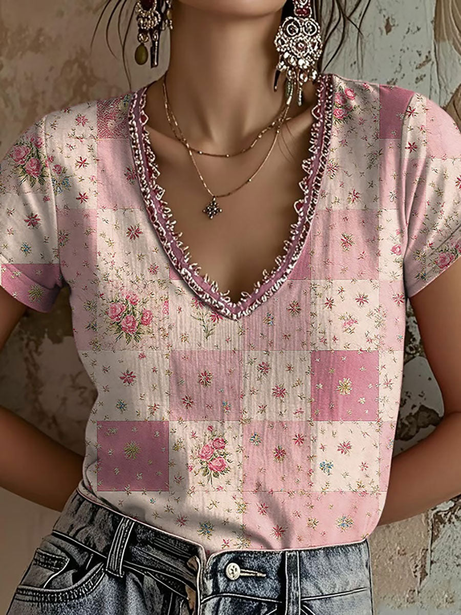 Women's Pink Floral Print Casual T-shirt