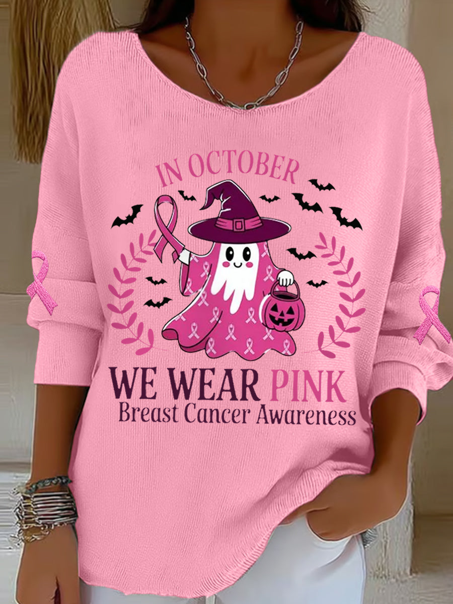 Women's In October We Wear Pink Halloween Pink Ghost Breast Cancer Awareness Support Long Sleeve Top