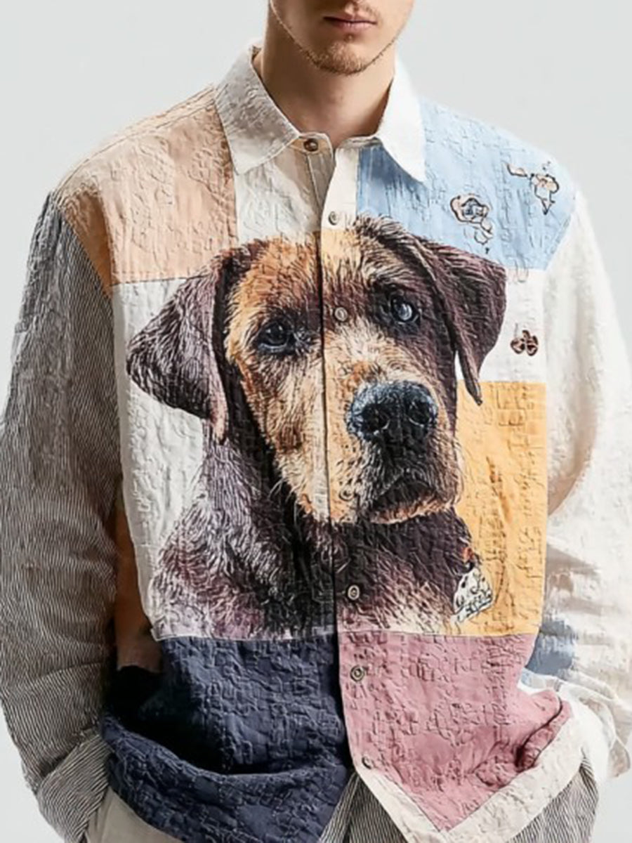 Men's Vintage Patchwork Dog Print Art Casual Shirt
