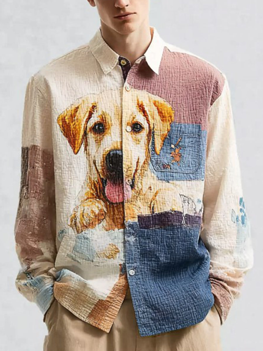 Men's Vintage Patchwork Dog Print Art Casual Shirt
