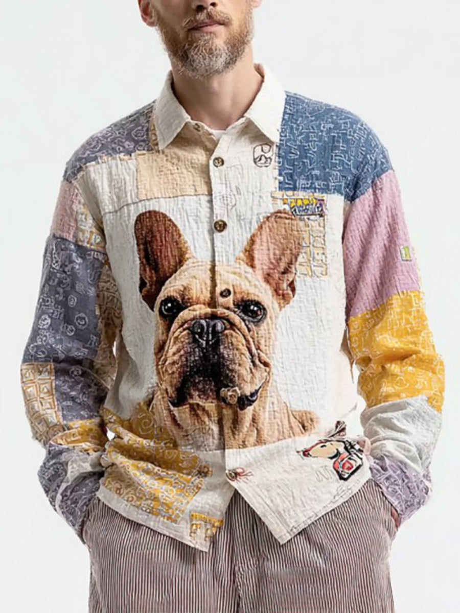 Men's Vintage Patchwork Dog Print Art Casual Shirt