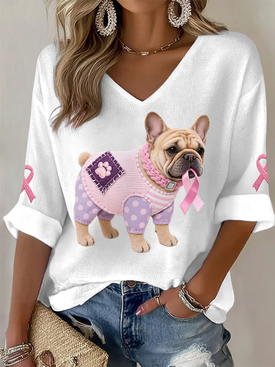 Women's Pink Dog Pink Ribbon Breast Cancer Awareness Support Long-Sleeve Top