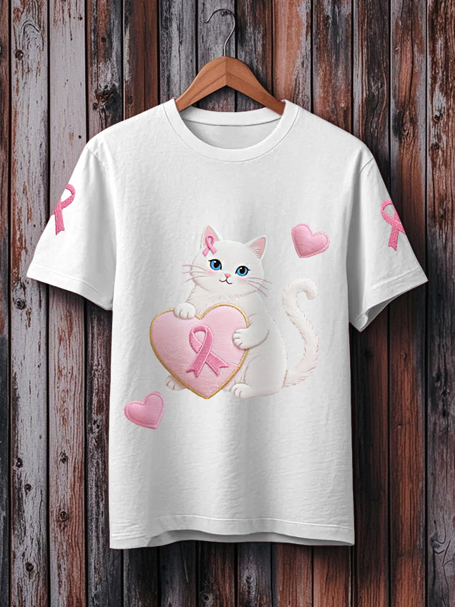 Women's Pink Cat Pink Ribbon Breast Cancer Awareness Support Tee