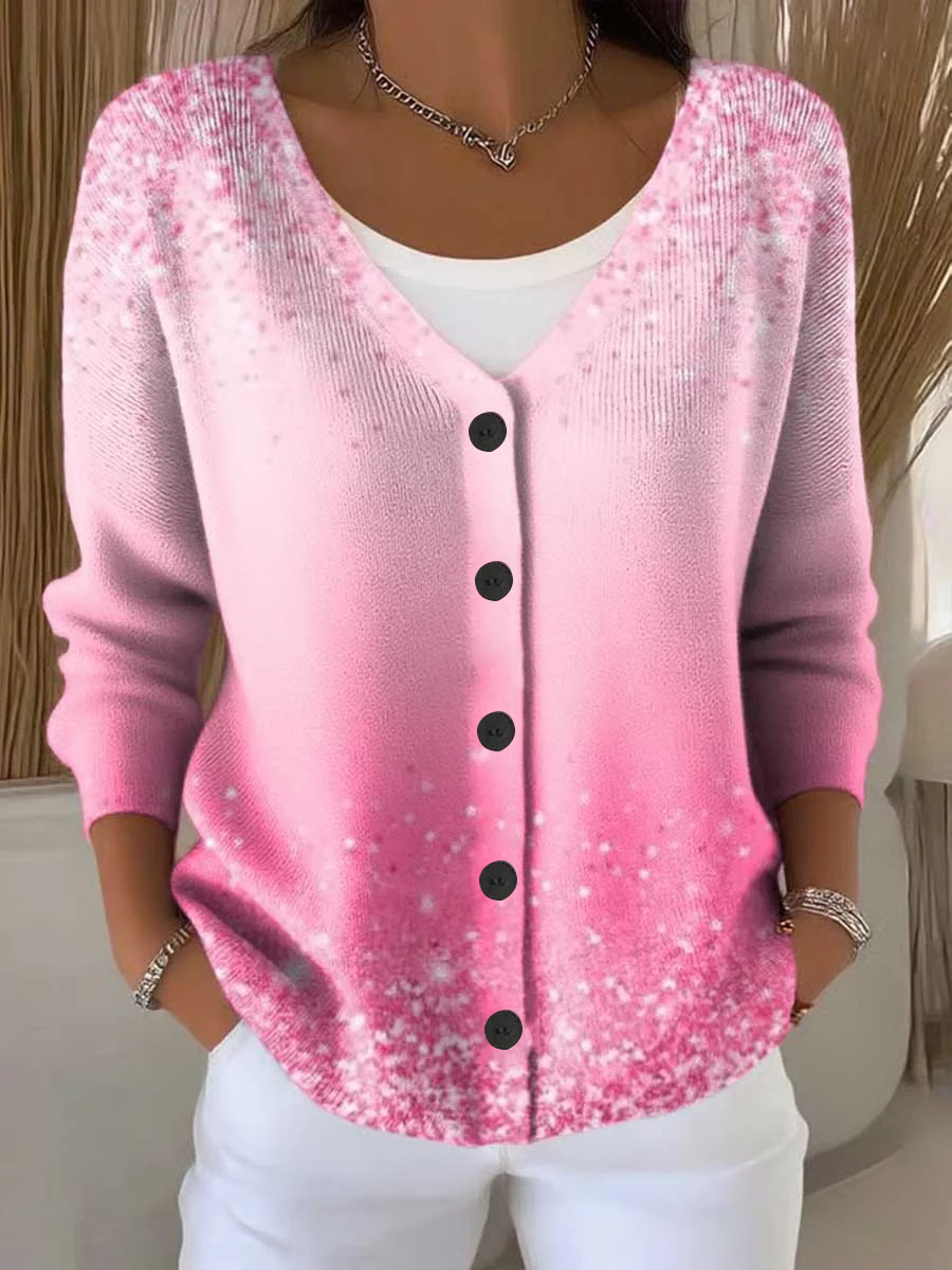 Women's Breast Cancer Awareness Print Buttoned V-neck Cardigan Sweater