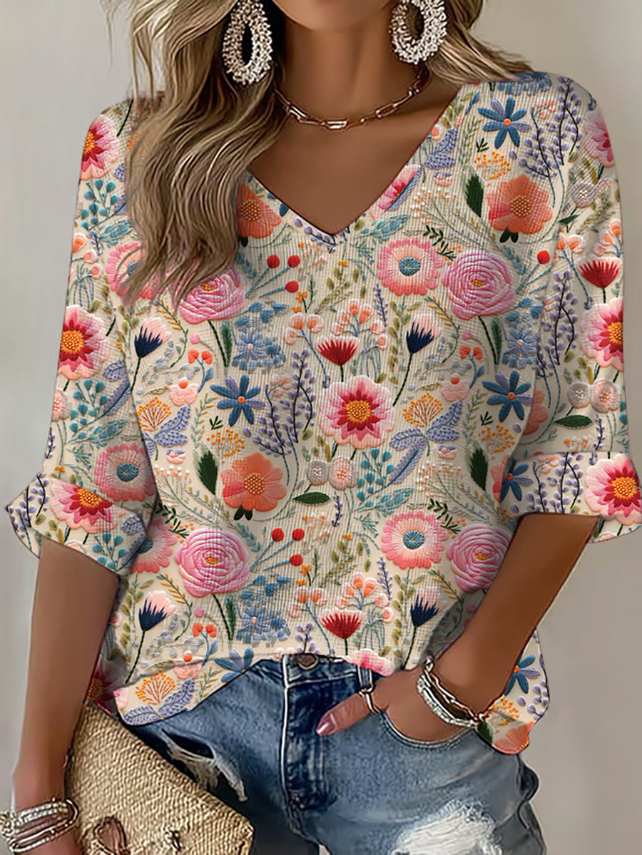 Women's Pink Flowers Waffle T-shirt