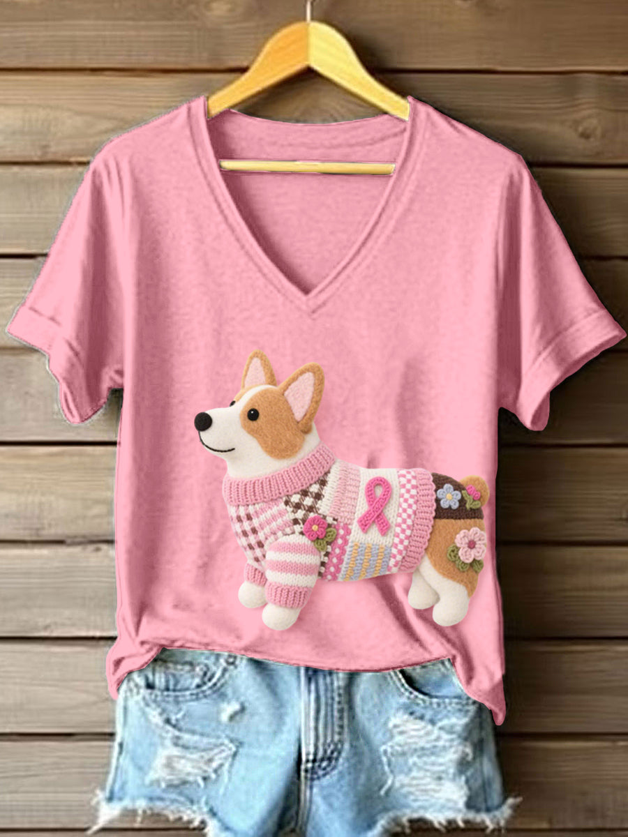 Women's Felt Art Corgi Pattern V-Neck T-Shirt