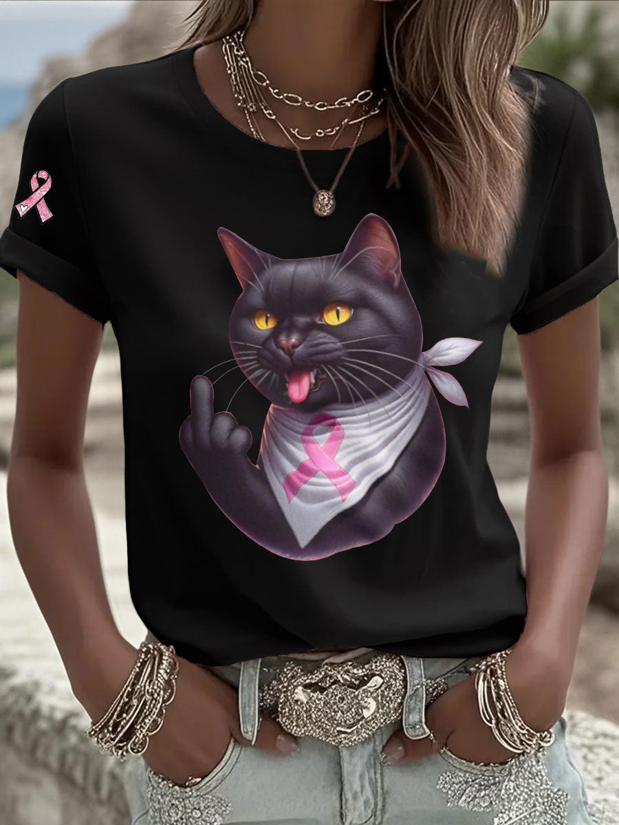 Women's Cat Pink Ribbon Print Casual T-shirt