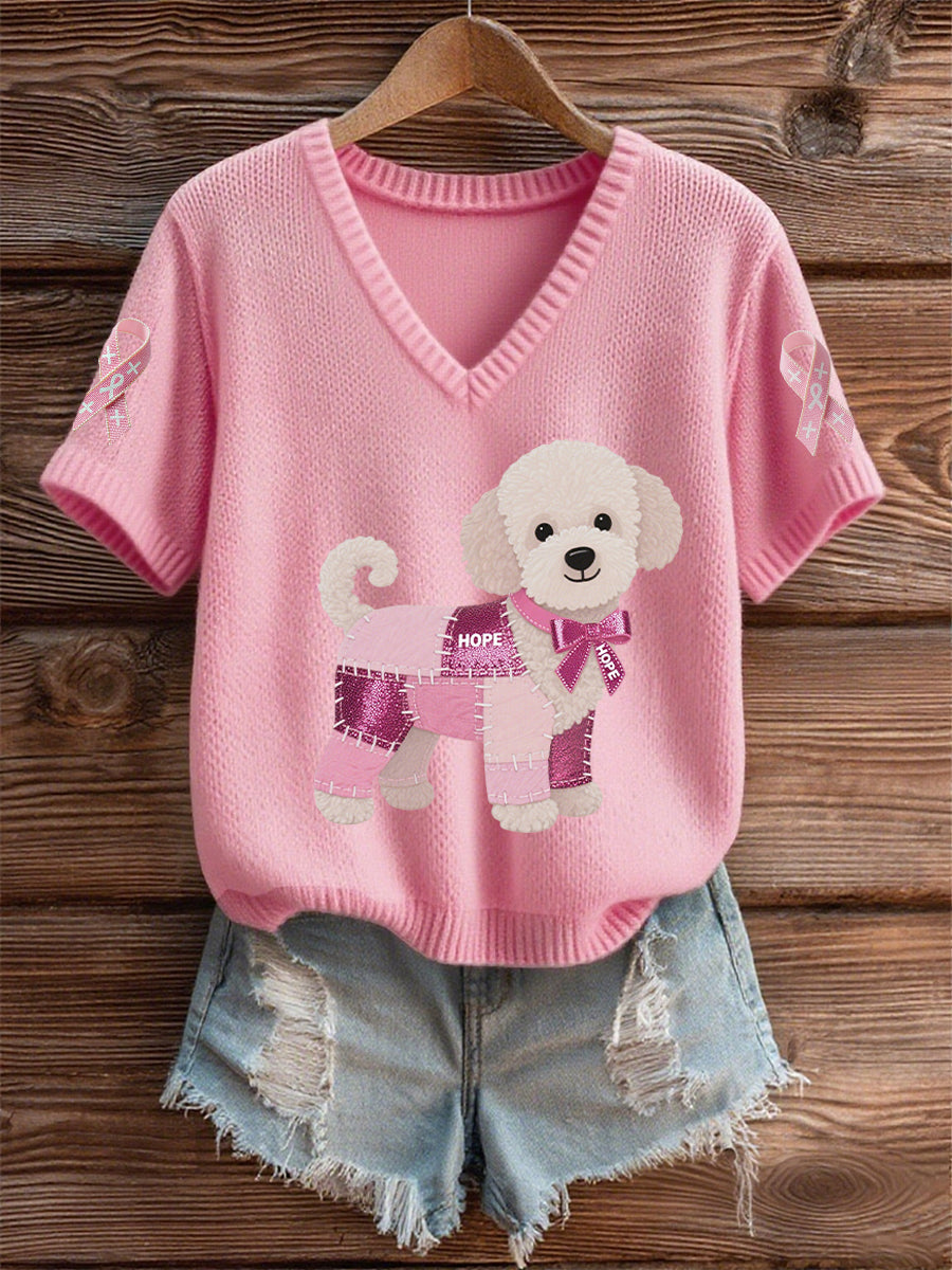 Women's Breast Cancer Awareness Support Pink Dog Pink Ribbon Print Short Sleeve Top