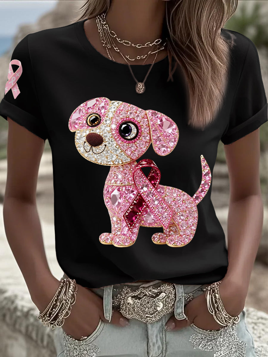 Women's Breast Cancer Awareness Support Pink Dog Pink Ribbon Print Short Sleeve Top