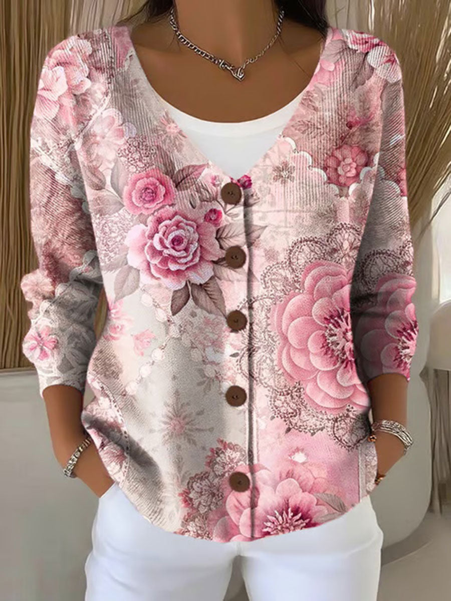 Women's Pink Floral Print Casual Cardigan