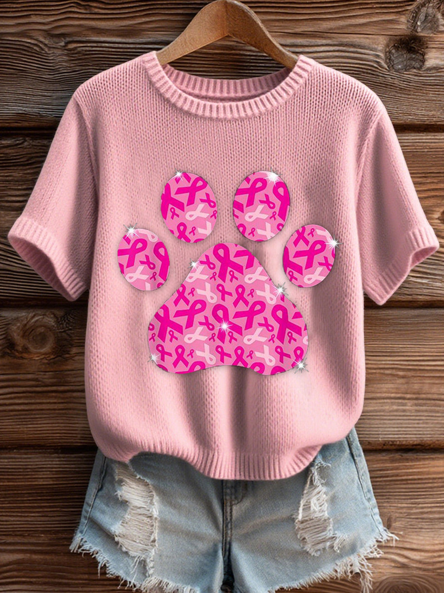 Women's Breast Cancer Awareness Dog Paws Imitation Sweater Short-sleeved T-shirt
