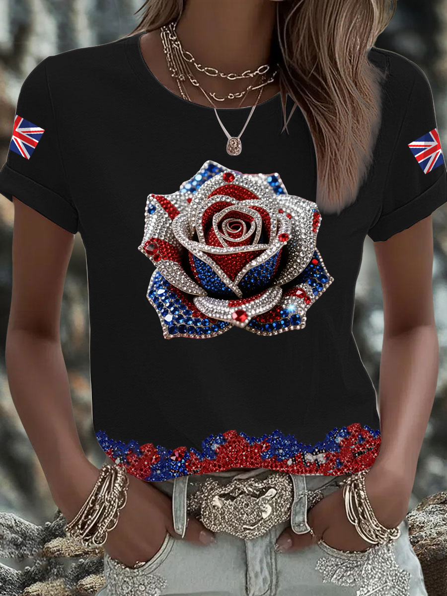 Women's British imitation diamond hot-drilling Printed short-sleeved T-shirt