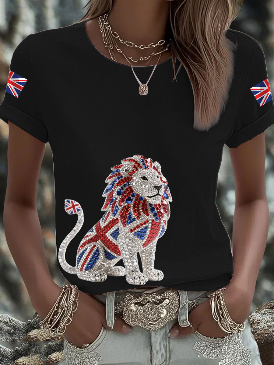 Women's British imitation diamond hot-drilling Printed short-sleeved T-shirt