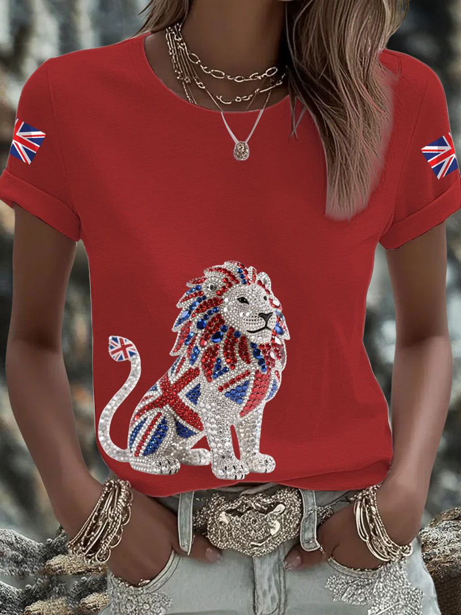 Women's British imitation diamond hot-drilling Printed short-sleeved T-shirt