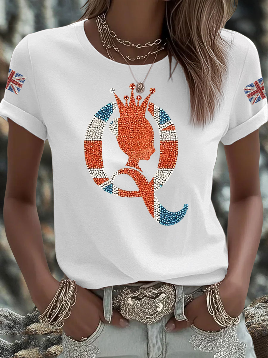Women's British imitation diamond hot-drilling Printed Iron On Short Sleeve T-Shirt