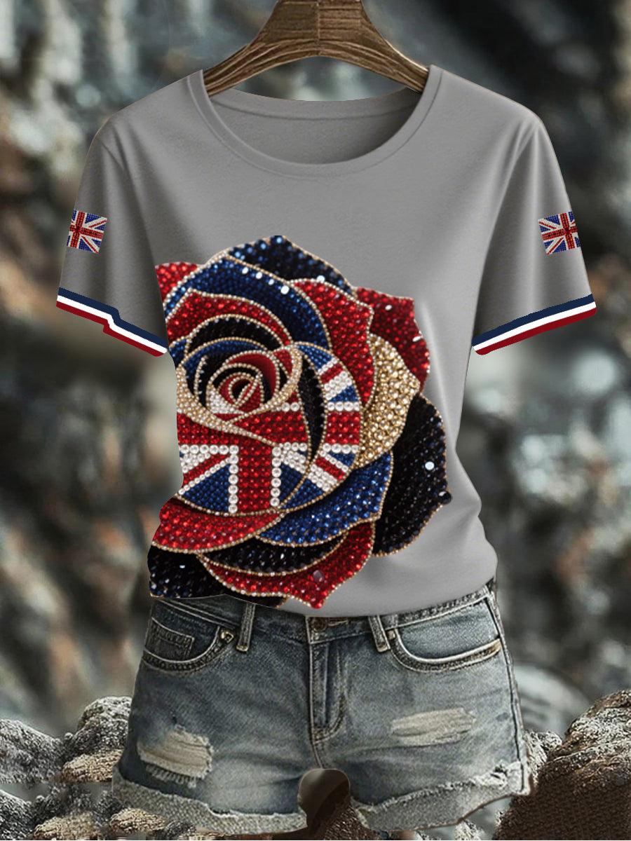 Women's British imitation diamond hot-drilling Printed Iron On Short Sleeve T-Shirt