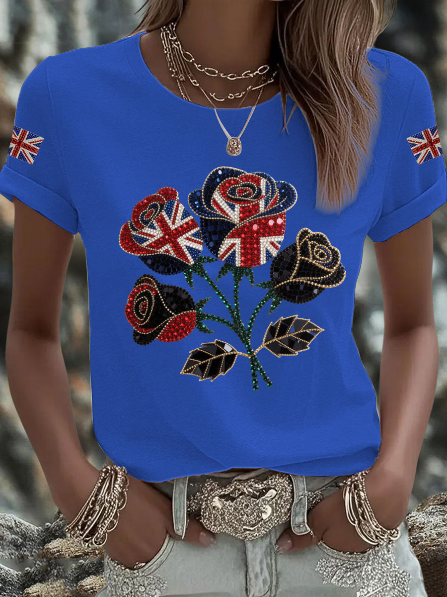 Women's British imitation diamond hot-drilling Printed Iron On Short Sleeve T-Shirt