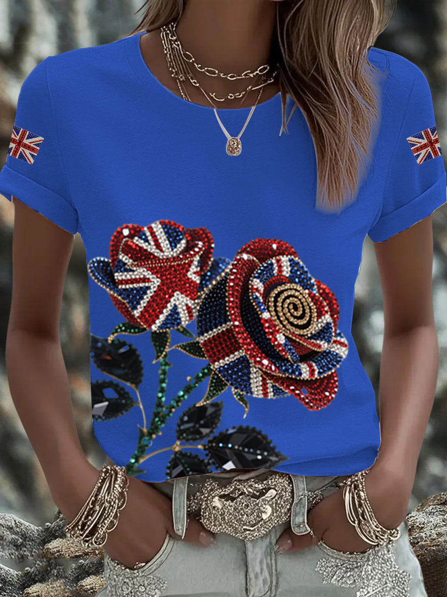 Women's British imitation diamond hot-drilling Printed Iron On Short Sleeve T-Shirt