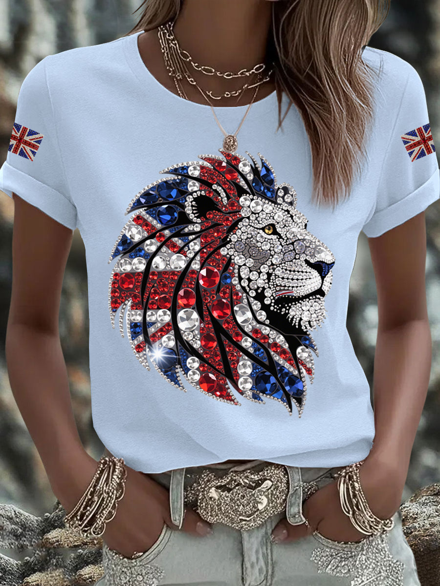 Women's British imitation diamond hot-drilling Printed Iron On Short Sleeve T-Shirt