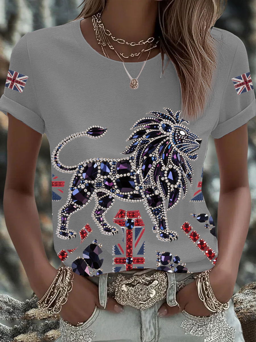 Women's British imitation diamond hot-drilling Printed Iron On Short Sleeve T-Shirt