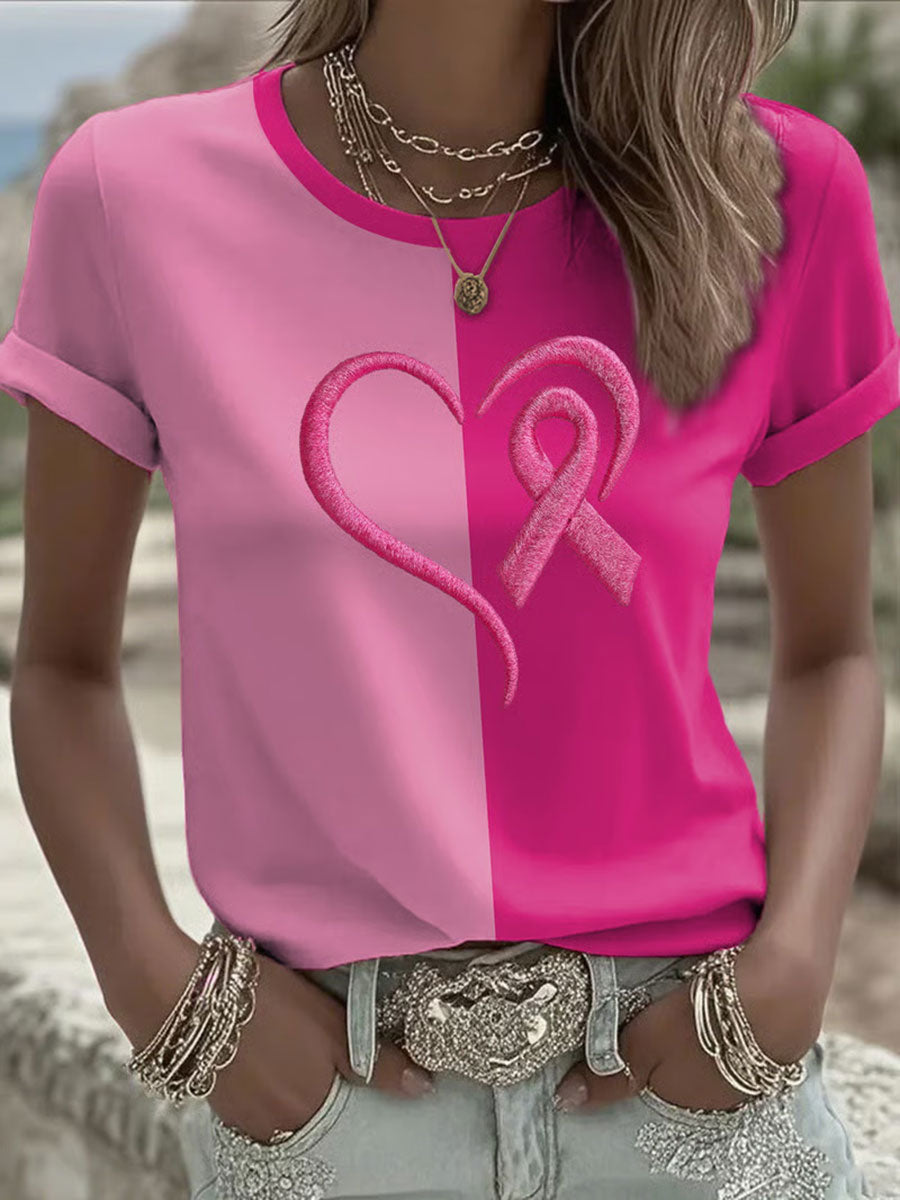 Women's Breast Cancer Awareness Pink Ribbon Print Casual T-shirt