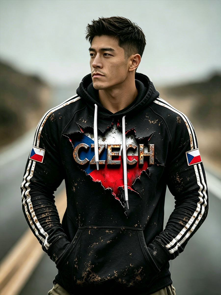 Men's Czech Flag 3D-Printed Black Fashionable Hooded Sweatshirt