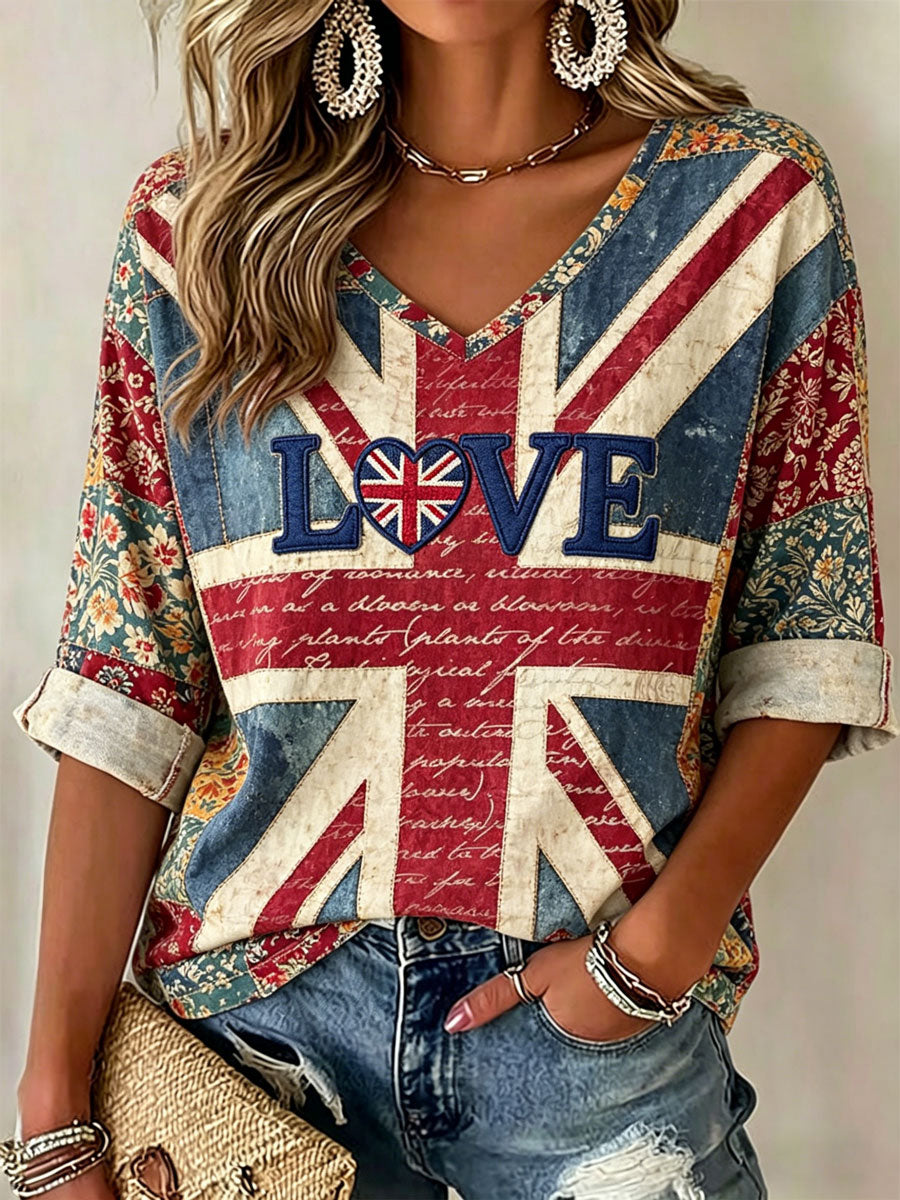 Women's British-Style Patchwork Print Casual T-Shirt