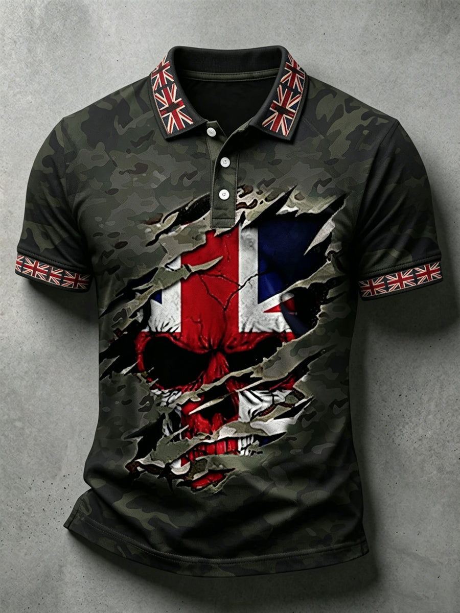 Men's UK Flag Veteran Skull Camouflage Print Casual Polo
