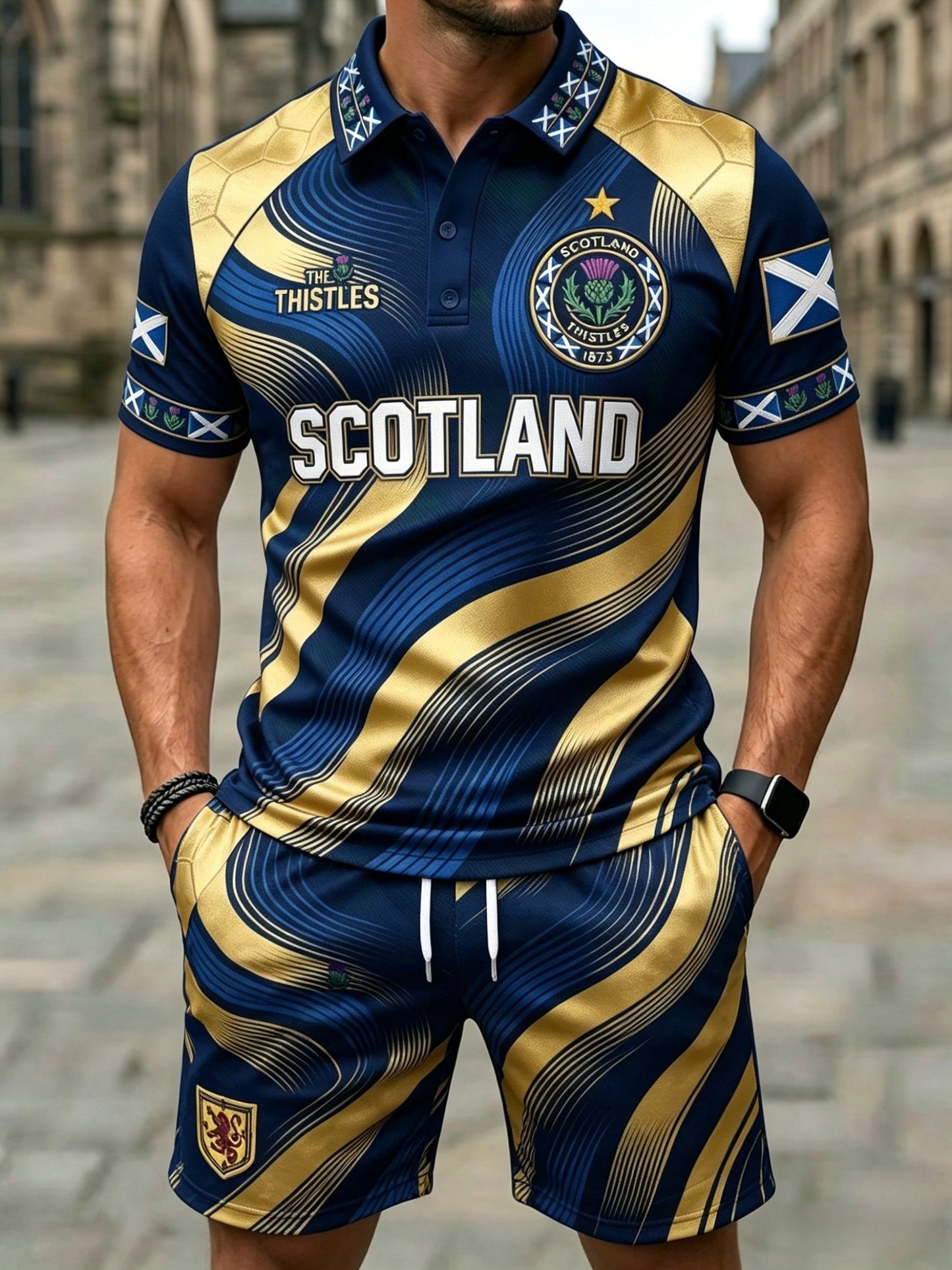 Men's Retro UK Scotland Football Lover 2026 Print Casual Polo & Shorts Set