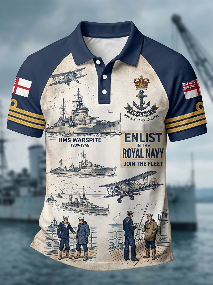 Men's Retro Royal Navy Veteran Print Casual Polo