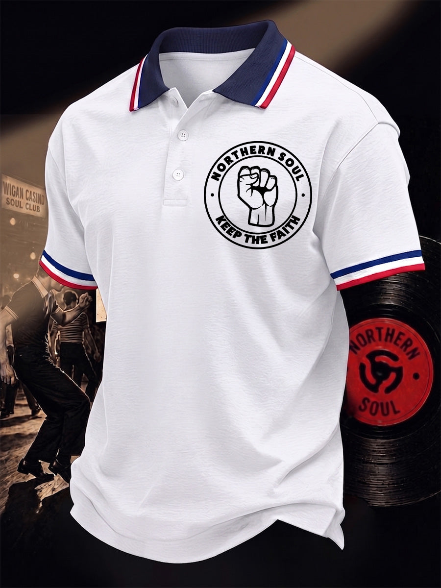 Men's Retro Northern Soul Keep The Faith Print Casual Polo