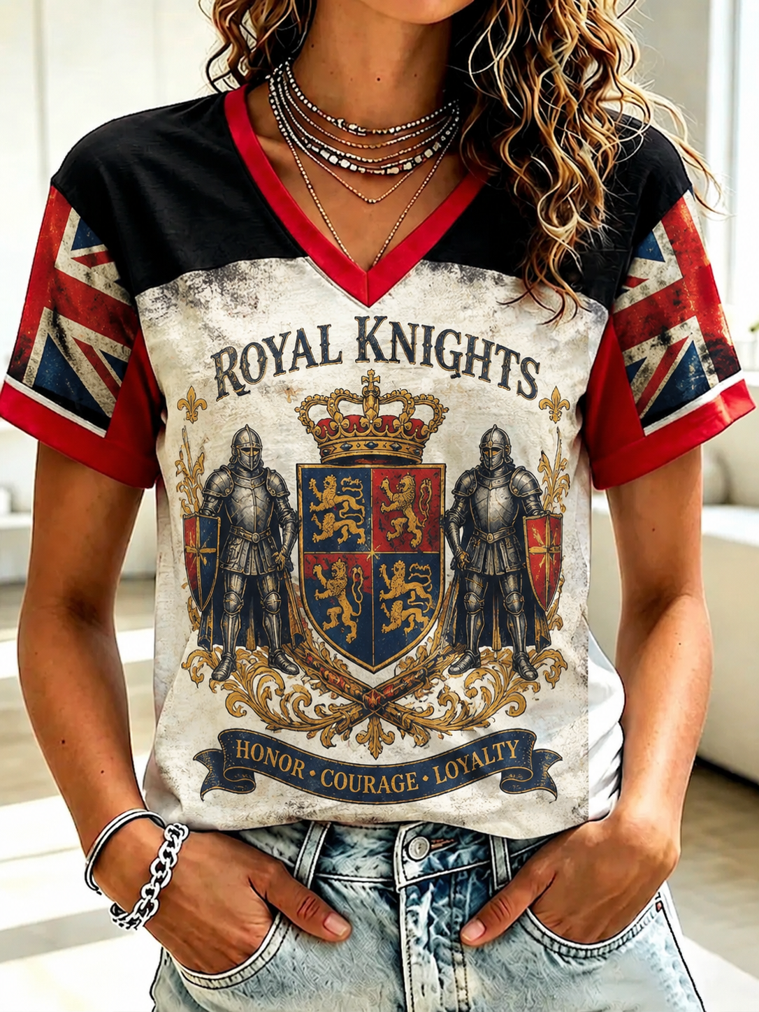 Women's British Knight Royal Arms Printed V-neck T-Shirt
