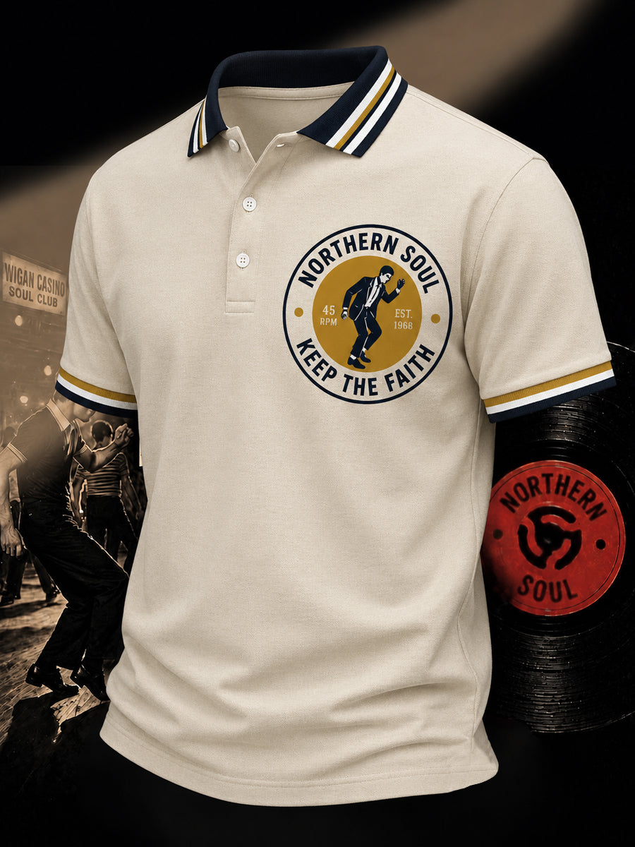 Men's Retro Northern Soul Keep The Faith Print Casual Polo