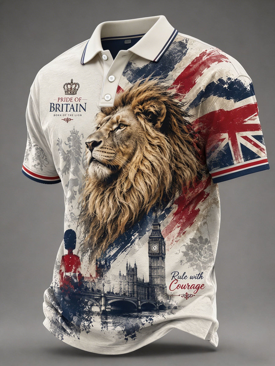 Men's Pride Of Britain UK Flag Lion Print Casual Polo