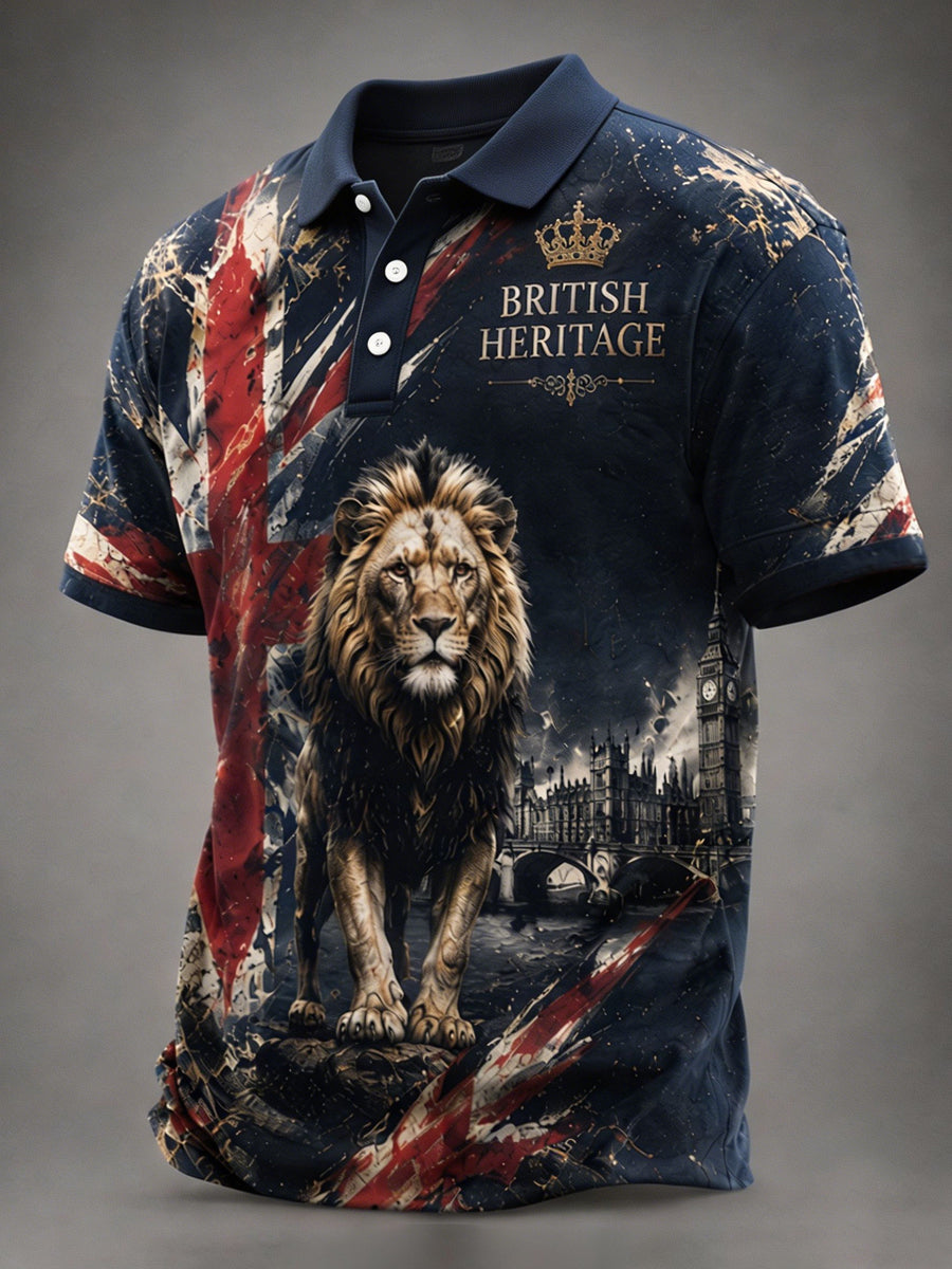Men's Pride Of Britain UK Flag Lion Print Casual Polo
