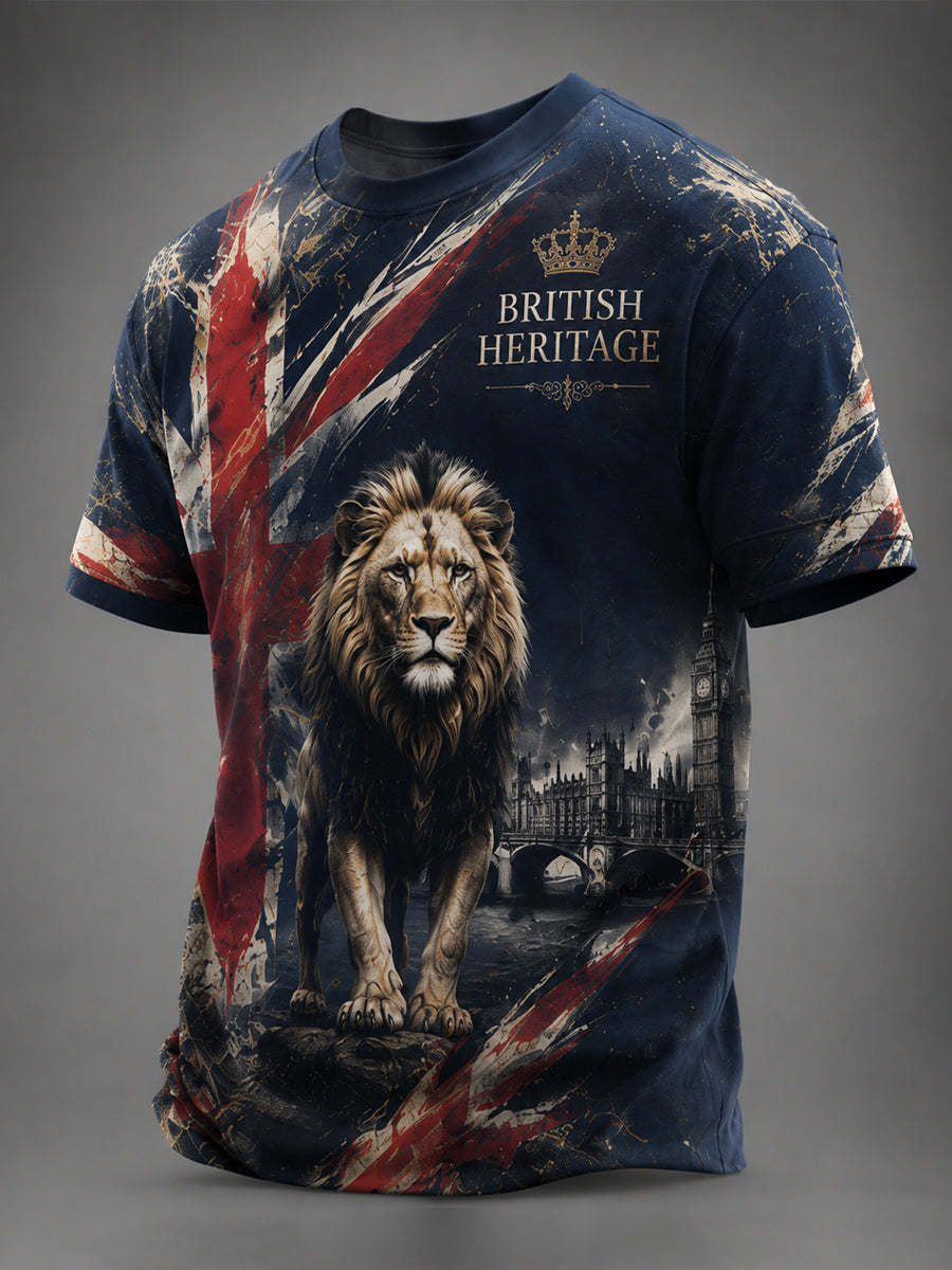 Men's Pride Of Britain UK Flag Lion Print Casual Tee