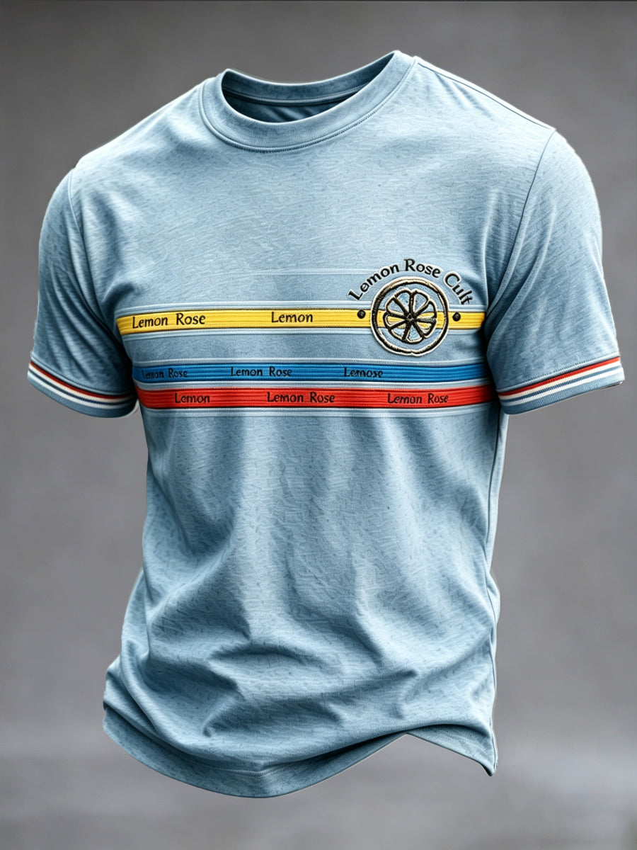 Men's Blue The Stone Rose Stripe Print Casual T-shirt