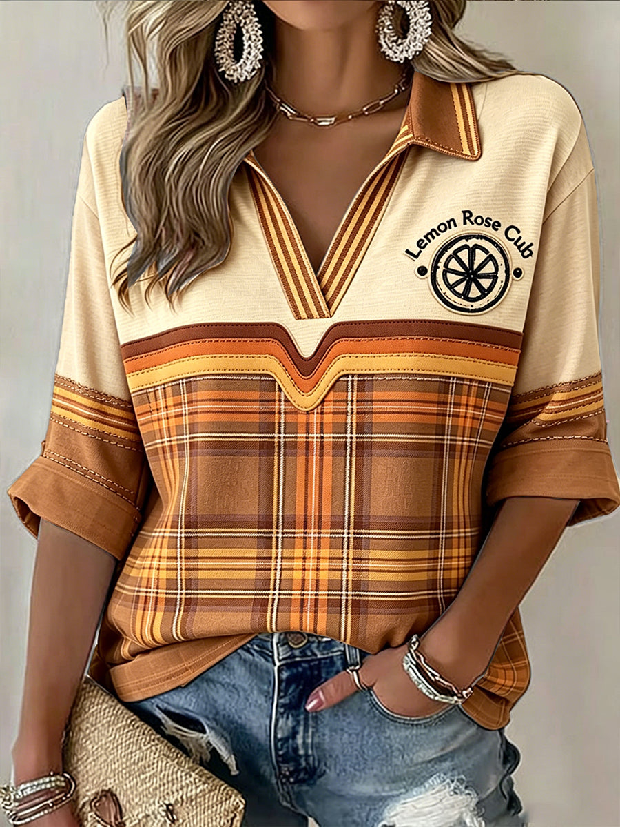 Women’s The Stone Rose Vintage Check Patchwork Print Casual V-neck T-shirt