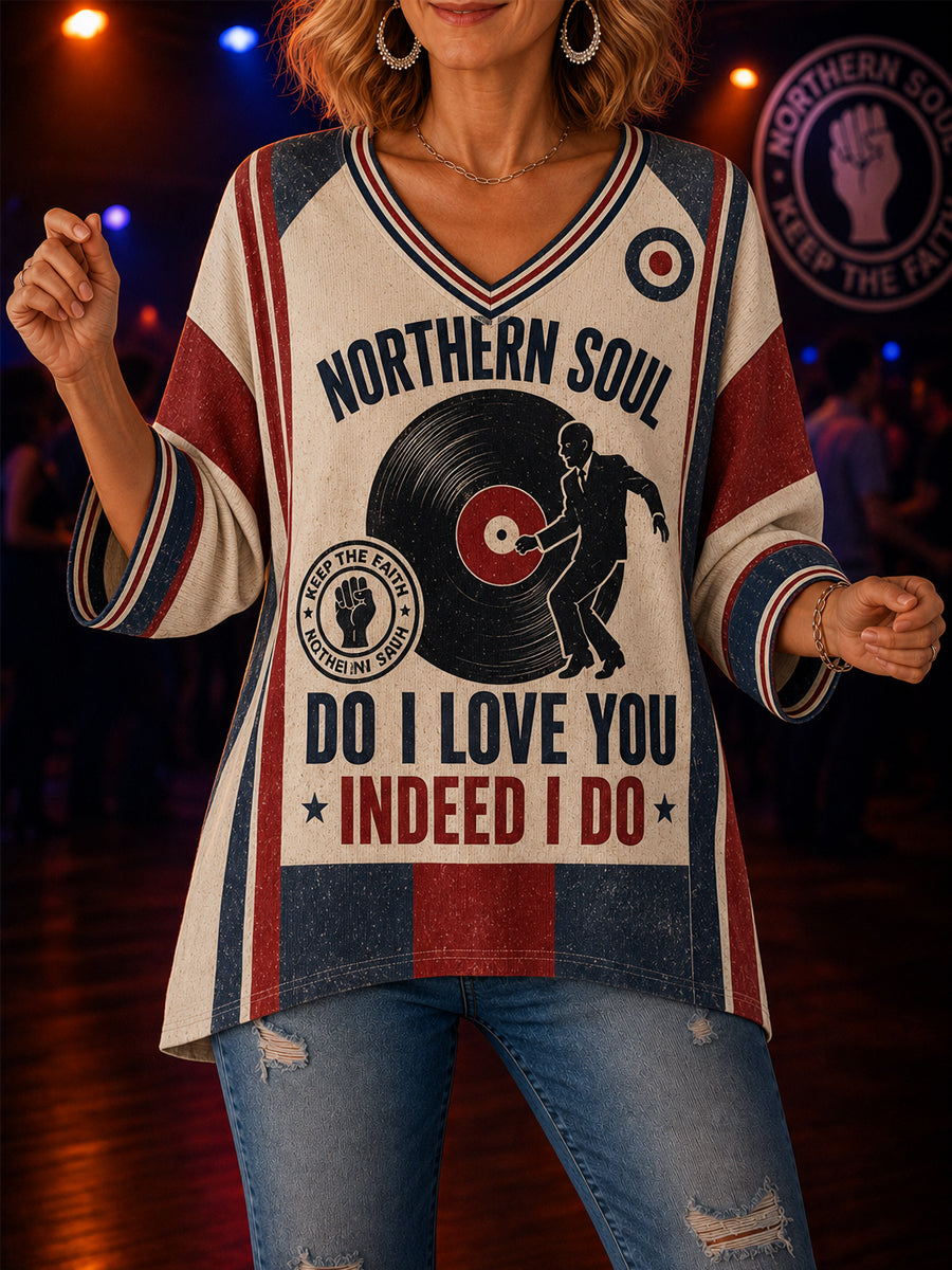 Women's Retro Northern Soul Do I Love You Indeed I Do Print Casual Mid-length Sleeves V-Neck T-Shirt