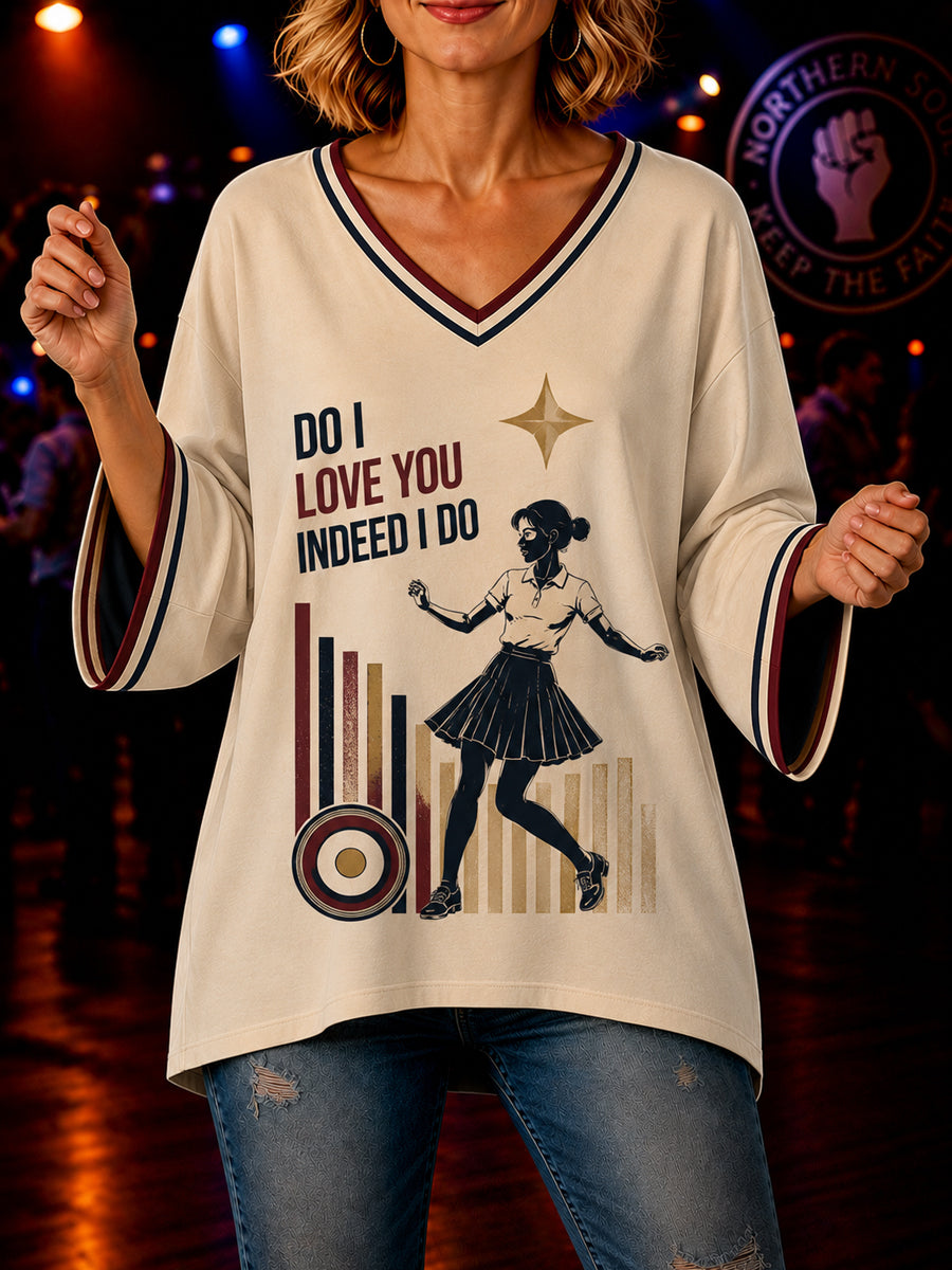 Women's Retro Northern Soul Do I Love You Indeed I Do Print Casual Mid-length Sleeves V-Neck T-Shirt
