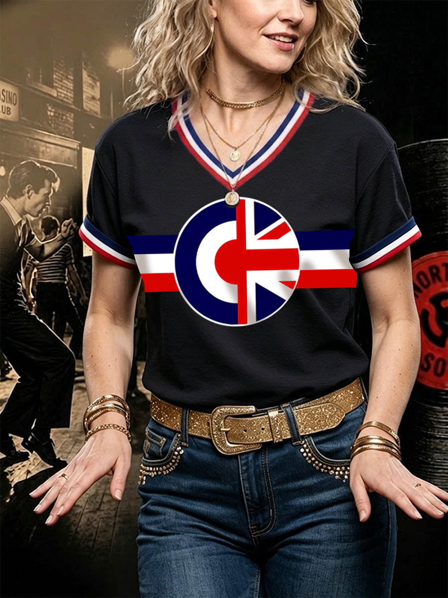 Women's Retro Northern Soul Print Casual V-Neck Tee