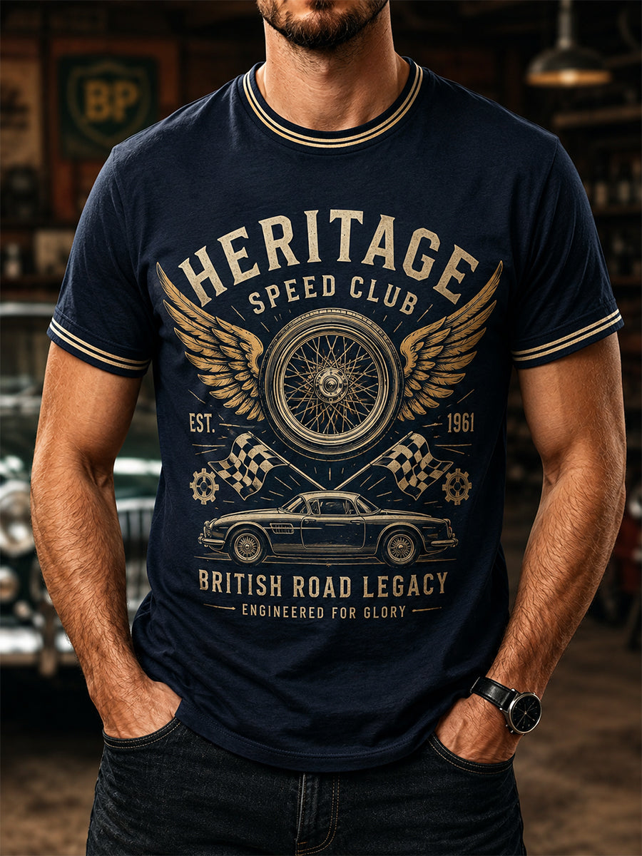 Men's Retro Car Culture Print Casual Tee